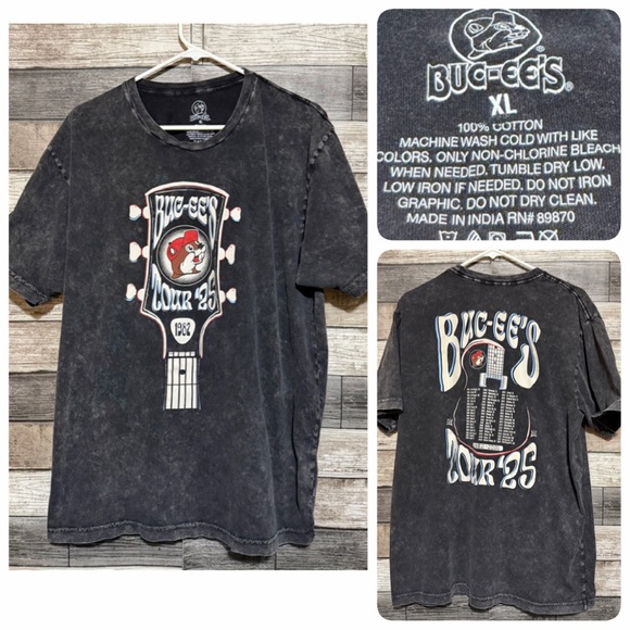 Buc-Ees Other - Buc-ee’s Tour 25 Graphic T Shirt Acid Wash Guitar 1982–2025 Men’s XL Gray Black